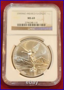 1999 Mexico LIBERTAD 1.0 oz. 999 Silver coin NGC Certified MS 69