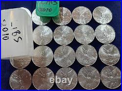 (20) 2010 Mexican Libertad 1 oz. 999 Fine Silver UNC Coins OPEN ROLL