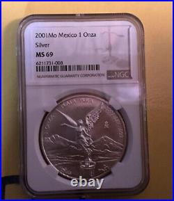 2001 Mexico 1 Onza Silver Coin Libertad Ngc Ms69