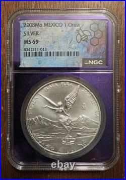 2008-Mo Mexico 1 oz Silver Libertad MS-69 NGC Purple Core Traderbea Slab Mexican