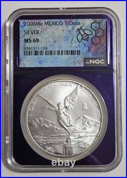 2008-Mo Mexico Libertad Silver Onza NGC MS69 Trader Bea Purple Core