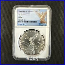 2008Mo-1 oz MS69 Libertad BU. 999 Silver Coin NGC-Mexico Angel Label Onza