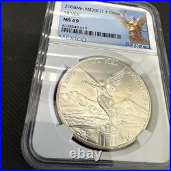 2008Mo-1 oz MS69 Libertad BU. 999 Silver Coin NGC-Mexico Angel Label Onza