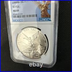 2008Mo-1 oz MS69 Libertad BU. 999 Silver Coin NGC-Mexico Angel Label Onza