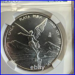 2008Mo-1 oz MS69 Libertad BU. 999 Silver Coin NGC-Mexico Angel Label Onza