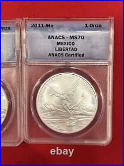 2010 & 2011 Mo Mexican Libertad Anacs Ms-70 1 Onza Mexico -1 Oz Silver
