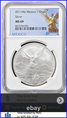 2011 Mo Mexico 1 Onza Silver Libertad, Blue Angel Label, NGC MS-69