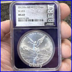2012-Mo Mexico Libertad 1 Onza NGC MS69 Trader Bea Purple Core. 999 Silver