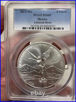 2015 Mexico Libertad Onza Pura Plata 5 oz. 999 Silver Coin PCGS MS69 Big Slab