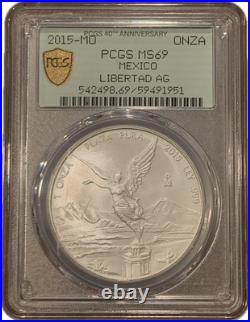 2015-Mo Mexico Onza 1 Oz Silver Libertad PCGS MS69 Gold Shield