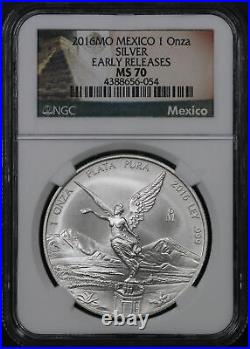 2016Mo Mexico Silver Libertad 1 Onza NGC MS-70 Early Release Aztec Pyramid Label