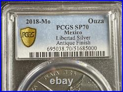 2018-Mo 999 Silver Mexico Antiqued Libertad Onza Plata Pura PCGS SP70 Gold Label 2018-Mo 999 Silver Mexico Antiqued Libertad Onza Plata Pura PCGS SP70 Gold Label