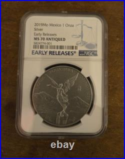 2019- Mexico Libertad Antiqued Silver 1 oz, ER, NGC MS70, Key Date RARE