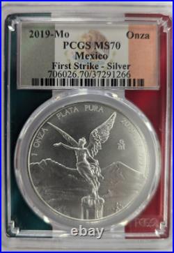 2019-Mo Mexico 1oz Silver Onza Libertad PCGS MS70 First Strike. 999 Silver