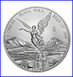 2020 Mexico Libertad 5 Onzas 5oz Fine. 999 Silver Coin Low Mintage 8,900