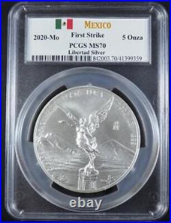 2020 Mexico Libertad, Mexico City Mint Mo, 5 Onza, Graded MS70 PCGS, Certified