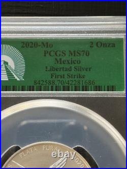 2020 Mo 2 oz Mexican Silver Libertad PCGS MS 70 First Strike. 999 Silver Green L