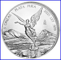 2021 Mexico 5 oz Silver Libertad BU Coin. 999 Fine Silver In Capsule #1218