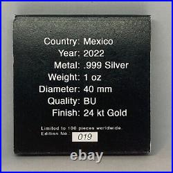2022 AZTEC CALENDAR MEXICO FLAG Libertad 1oz Silver Coin with Color & 24K Gold