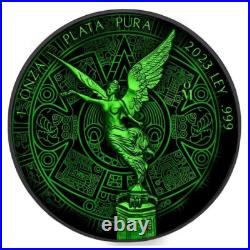 2023 1 oz Mexican Libertad Aztec Calendar Cyber Green Colorized Silver Coin
