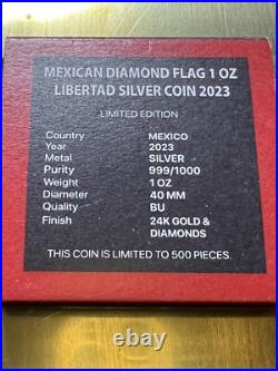 2023 Diamond Dust/Gold Flag Libertad Coin 1 oz Silver with Mintage of 500 Mexico 2023 Diamond Dust/Gold Flag Libertad Coin 1 oz Silver with Mintage of 500 Mexico