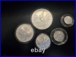 2023 Mex Lib Silver 5-Coin Set-1oz 1/2oz 1/4oz 1/10oz 1/20oz In Capsules BU. 999