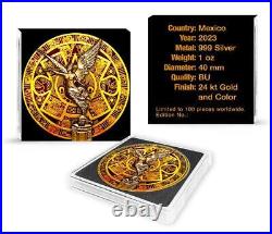 2023 Mexico Libertad Aztec Golden Calendar 24k gold gild 1 oz silver coin