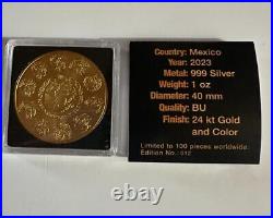 2023 Mexico Libertad Aztec Golden Calendar 24k gold gild 1 oz silver coin