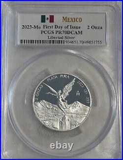 2023-Mo Mexico 2 oz Silver Libertad PCGS First Day of Issue PR70DCAM