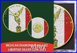 2023 mexico libertad 1oz Silver Diamond Flag 24k Gold/Diamond Dust 500 minted