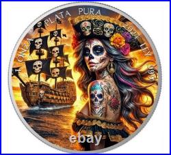 2024 1 Oz. 999 Silver Mexico Libertad Color Dia De Los Muertos Series Pirates