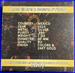 2024 1 Oz. 999 Silver Mexico Libertad Mexican Beauties 24k Gold and Colorized