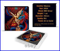 2024 1 oz Mexican Libertad Aztec Pyramid Dragon Colorized Silver Coin