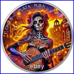 2024 1 oz Mexico Libertad Dia de los Muertos Guitarist Morning Silver Color Coin