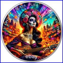 2024 Mexico Libertad Dia De Los Muertos SUNRISE GUITARIST 1 oz Color Silver Coin