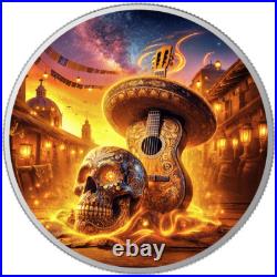 2024 Mexico Libertad Dia De Los Muertos SUNRISE GUITARIST 1 oz Color Silver Coin
