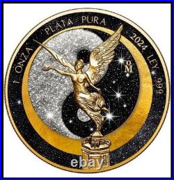 2024 Mexico Libertad Sun & Moon 1oz Silver Coin Gold WithDiamond Dust In Box