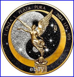 2024 Mexico Libertad Sun & Moon 1oz Silver Coin Gold WithDiamond Dust In Box
