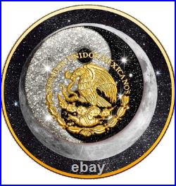 2024 Mexico Libertad Sun & Moon 1oz Silver Coin Gold WithDiamond Dust In Box