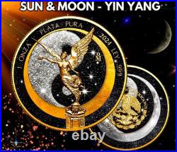 2024 Mexico Libertad Sun & Moon 1oz Silver Coin Gold WithDiamond Dust In Box