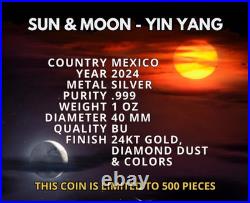 2024 Mexico Libertad Sun & Moon 1oz Silver Coin Gold WithDiamond Dust In Box
