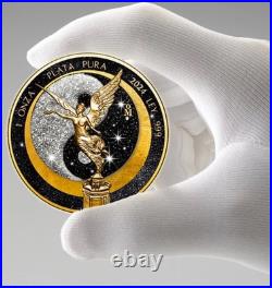 2024 Mexico Libertad Sun & Moon 1oz Silver Coin Gold WithDiamond Dust In Box