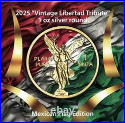 2025 Intaglio Vintage Libertad Tribute Mexican Flag Edition 1oz. 999 Silver 2025 Intaglio Vintage Libertad Tribute Mexican Flag Edition 1oz. 999 Silver