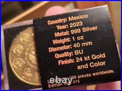 3D-2023 1 Oz. 999 Silver Mexico Libertad Aztec Calendar Colored 40m Coin 75/100