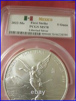 5 oz Silver Mexico Libertad Coin First Strike PCGS MS70-2022