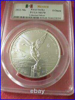 5 oz Silver Mexico Libertad Coin First Strike PCGS MS70-2022