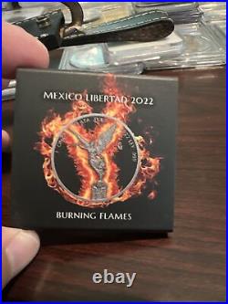 BURNING FLAMES Ruthenium Libertad 1 Oz Silver Coin Mexico 2022 95/400 Actual
