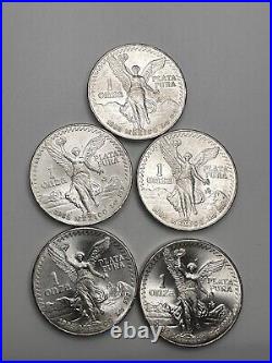 LOT OF 5-1985 1oz. 999 Silver Mexico Libertad Gem Beautiful Coins GEMS! #36