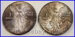 Lot (2) 1983 & 1986 BU Mexican Silver Libertads Onzas with Monster Rainbow Toning