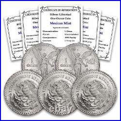 Lot of 5 Random Year Mexican Silver Libertad Brilliant Uncirculated coins with CoA